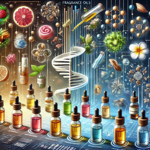 An intricate and colorful image depicting a variety of fragrance oils in dropper bottles, arranged in front of a digital interface that shows a DNA helix and various natural ingredients, emphasizing the complexity and science behind fragrance creation.