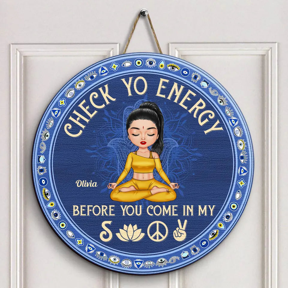 Personalized Custom Door Sign - Gift For Yoga Lover - Check Yo Energy
