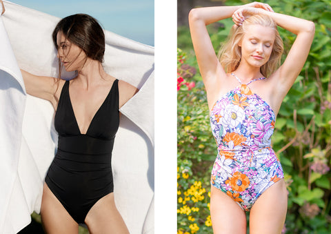 Models in plunge swimsuit and high neck swimsuit