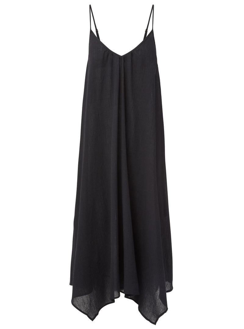 Black strappy and long flowy dress with adjustable back shoulder straps, and v-neckline front and back with pockets