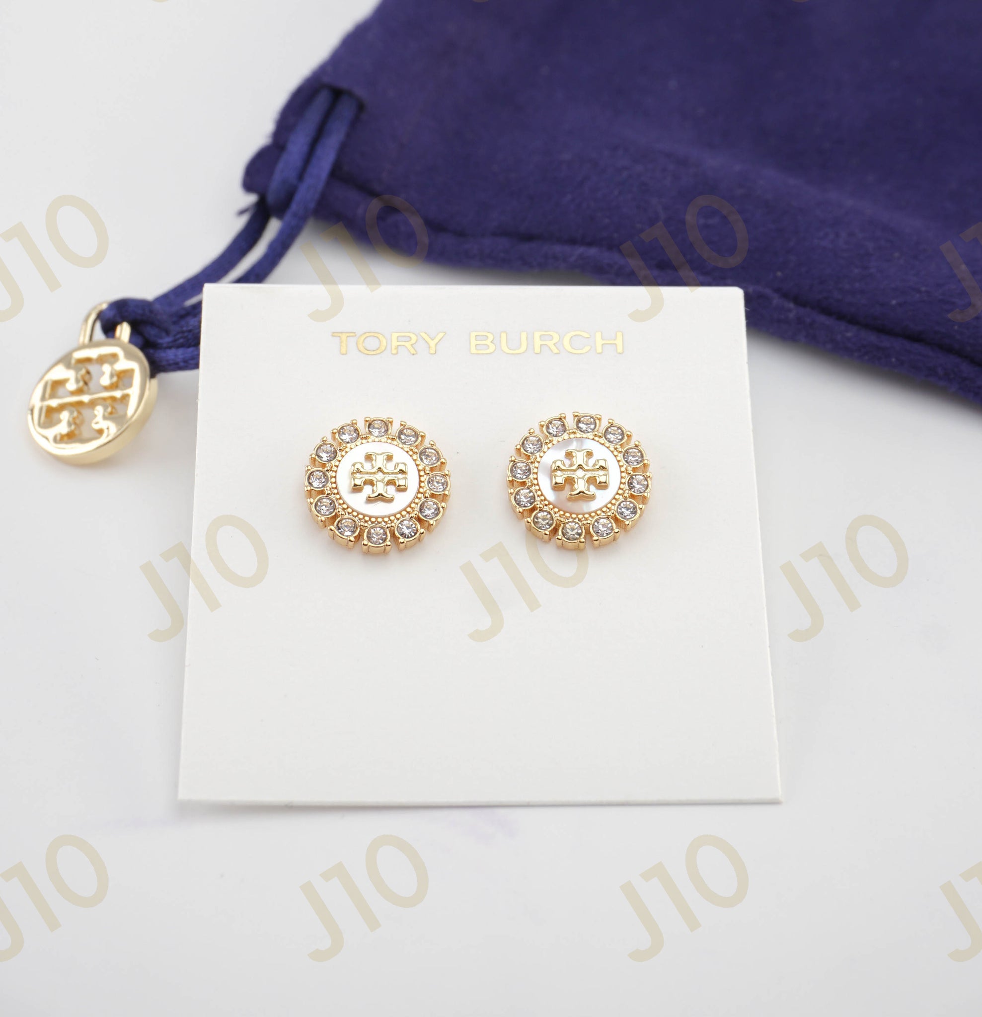 Tory Burch Kira Crystal Stud Earrings in Tory Gold/Mother of Pearl/Cry