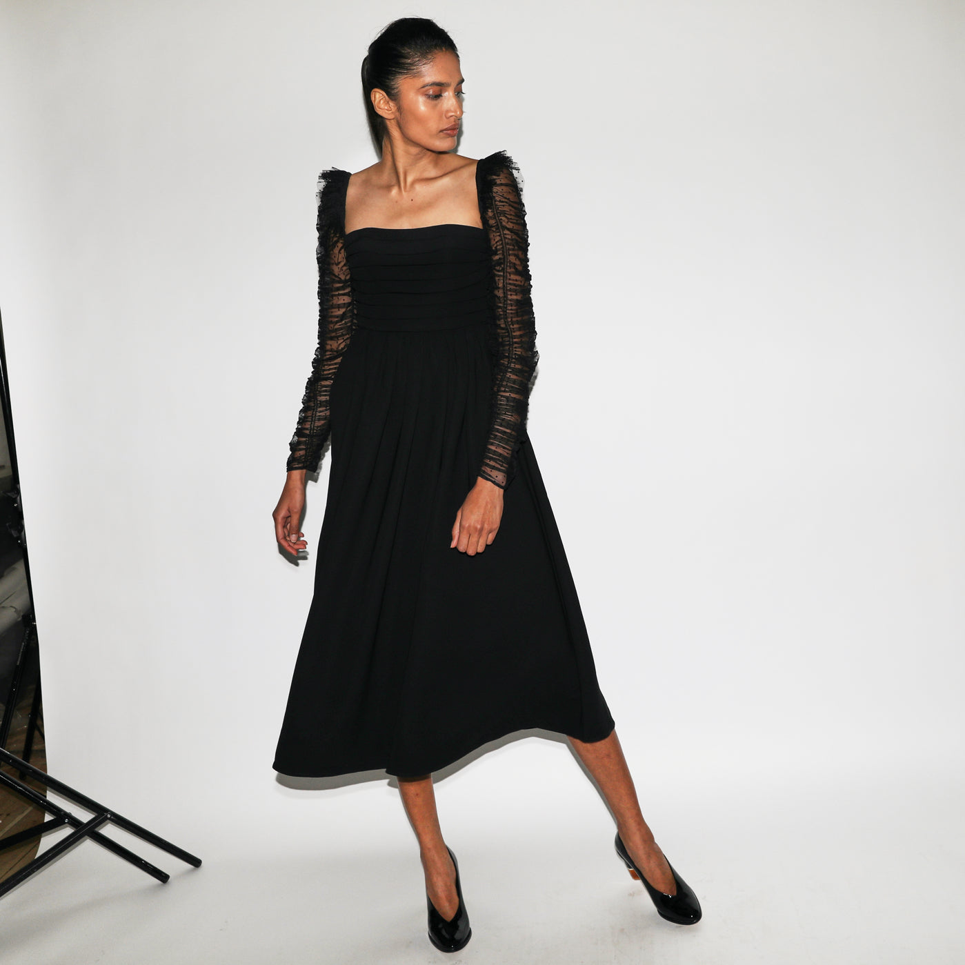 Crepe Dot Mesh Sleeved Midi Dress | self-portrait