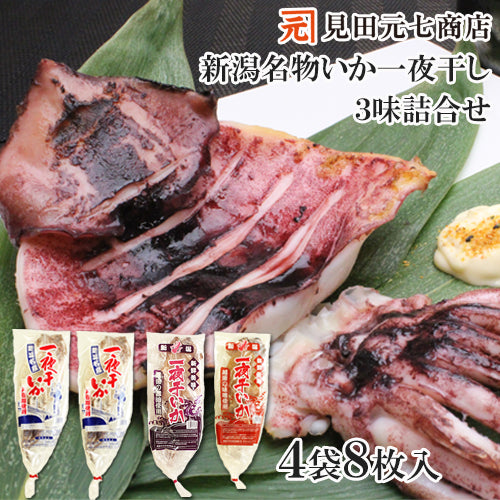 【送料無料】新潟名物 いか一夜干し ３味詰合せ （塩いか２枚入×２袋 味噌漬２枚入×１袋 醤油漬２枚入×１袋） ギフト 2024 海鮮問屋 見田元七商店