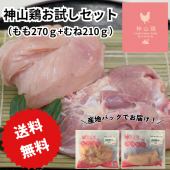 ＼送料無料／徳島県産神山鶏お試しセット　もも肉とむね肉を1枚ずつ真空パックでお届け！！