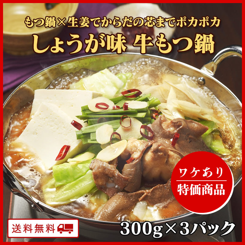 【ワケあり特価SALE】牛もつ鍋1人前（しょうが味）300g×3パック【送料無料】【レトルト】【常温長期保存】