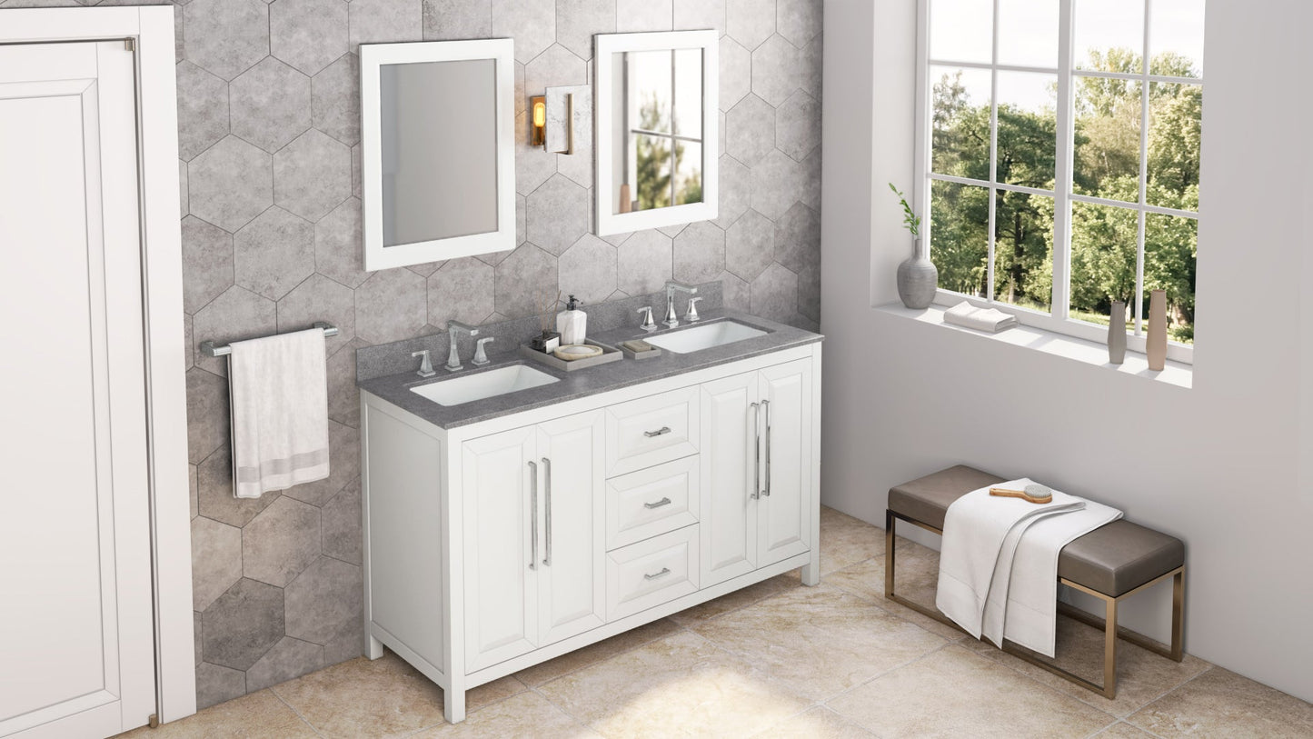 Jeffrey Alexander by Hardware Resources Bathroom Vanity, Double Vanity White Jeffrey Alexander 60" Black, Grey or White Cade Vanity, double bowl, Steel Grey Cultured Marble Vanity Top, two undermount rectangle bowls