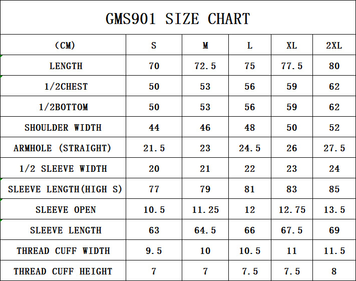 GMS901 SIZECHART