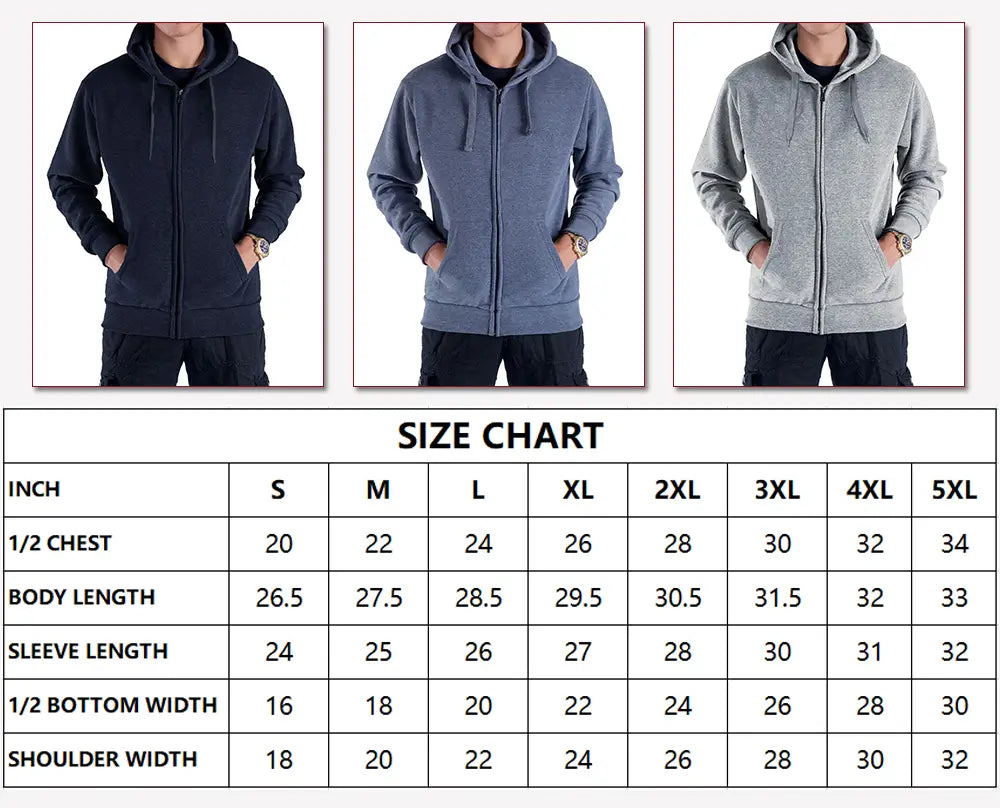 Men's fashion solid color hoodies size chart