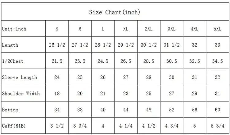 Mens Fleece Lined Hoodies Size Chart