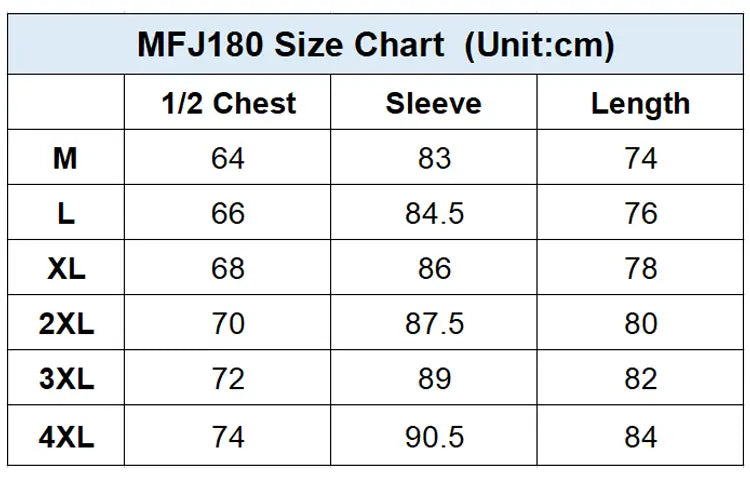 Men's Fleece Lined Jacket Size Chart