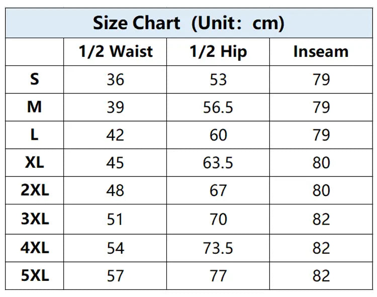 Men's Fleece Pants Size Chart