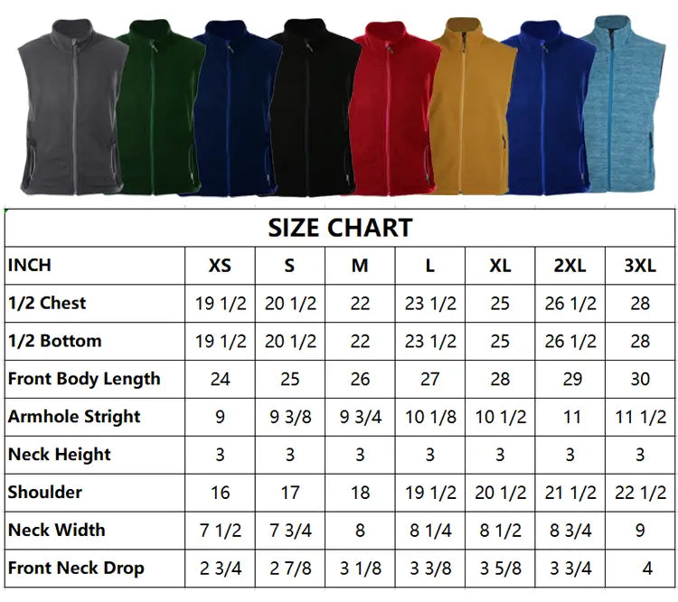 Men's Fleece Vest Size Chart