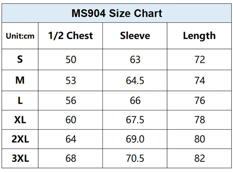 Men's Long Sleeve T-shirts Size Chart