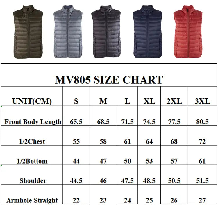 Men's Puffer Vest Size Chart