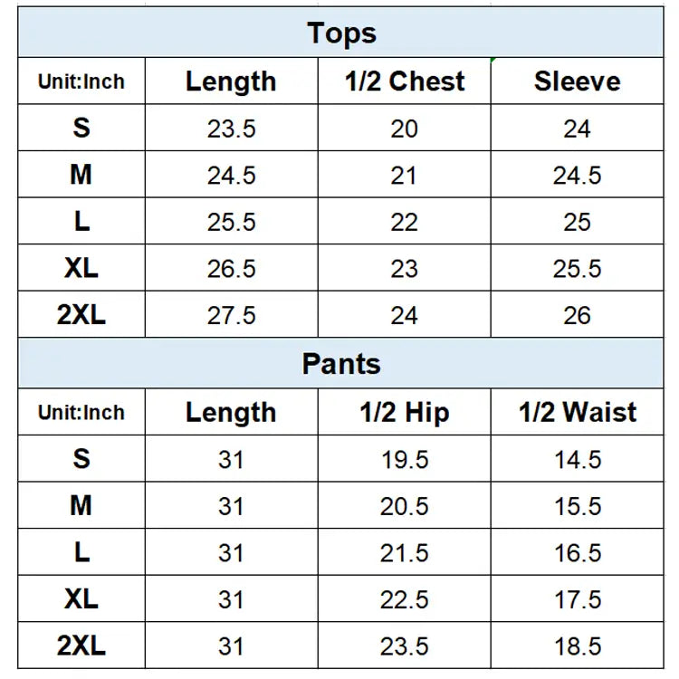 Women Sweatsuit Size Chart