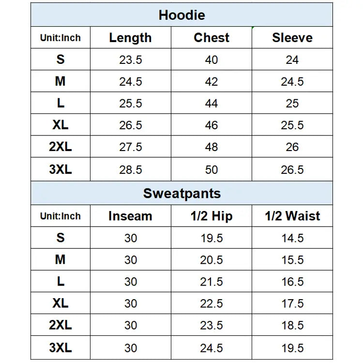 Velour Tracksuit Size Chart