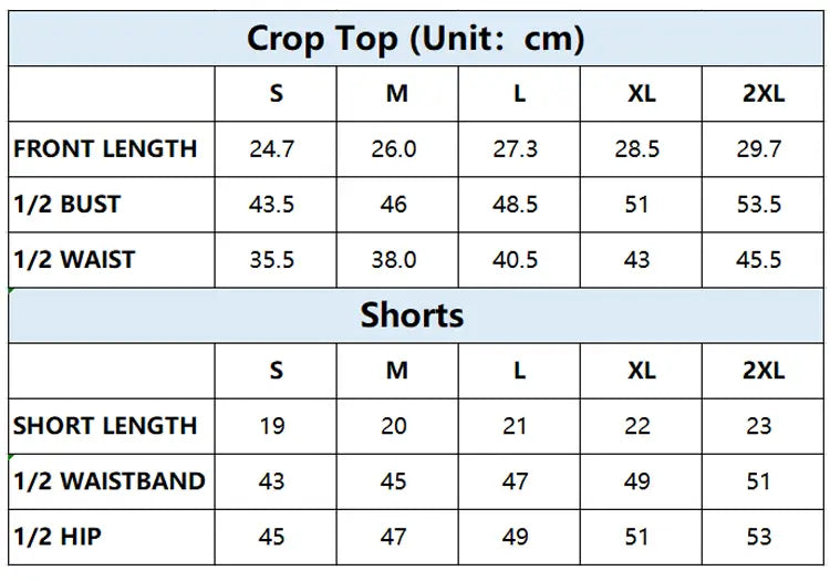 Velvet Shorts Set Size Chart