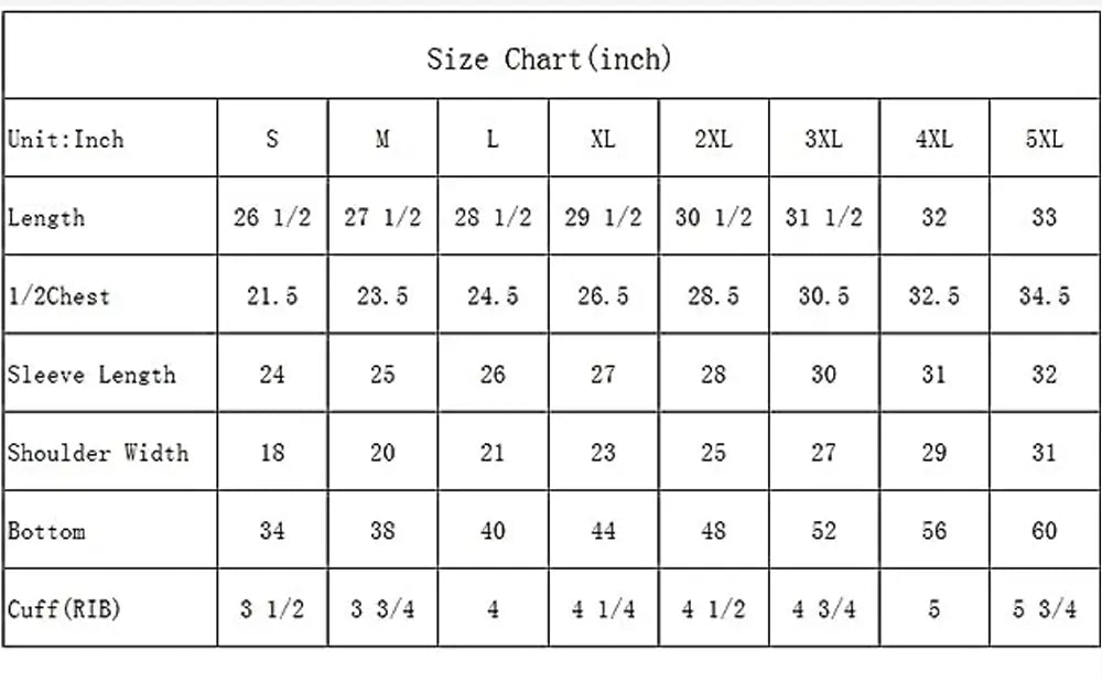 Fleece Lined Full Zip Up Sweatshirts Size Chart