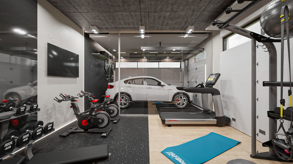 garage gym design with life fitness ic bikes and dumbbells with rack