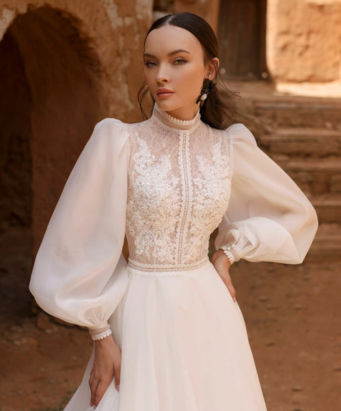 Long Sleeve High Neck Vintage Modest Wedding Dress
