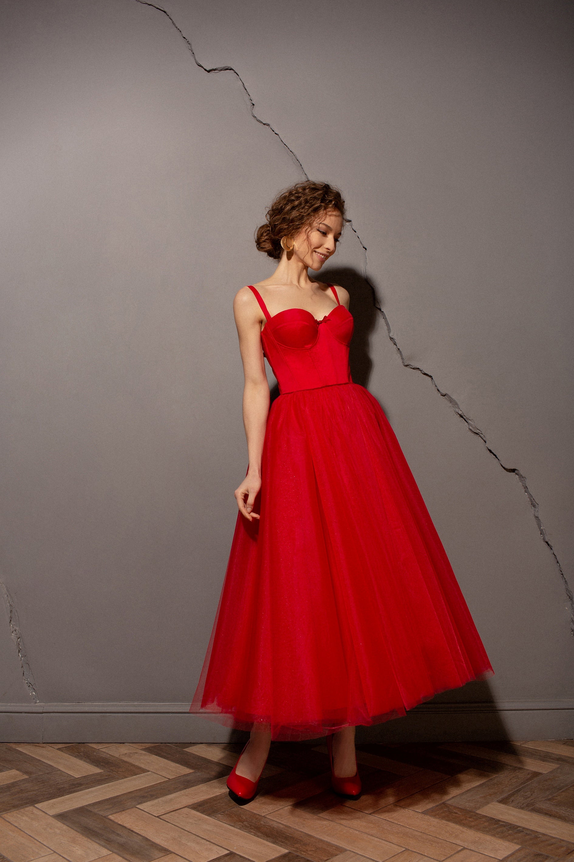 red bustier tulle dress