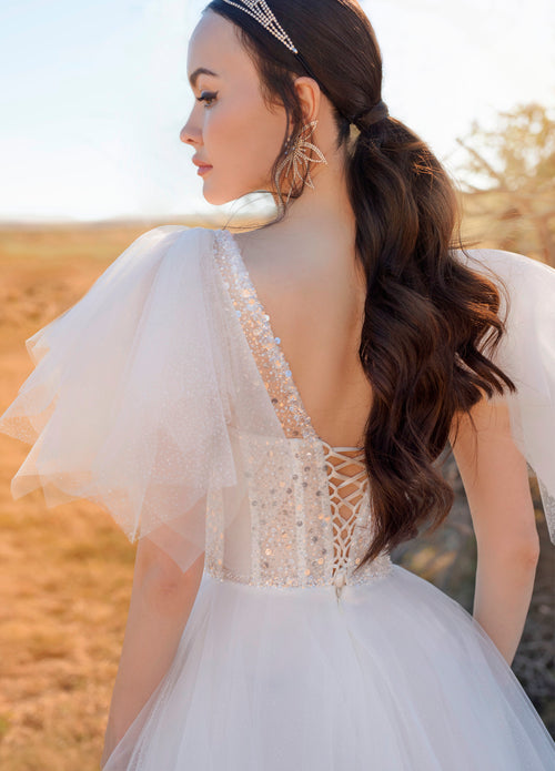 Flutter Sleeve A-Line Mikado Wedding Dress – HAREM's Brides