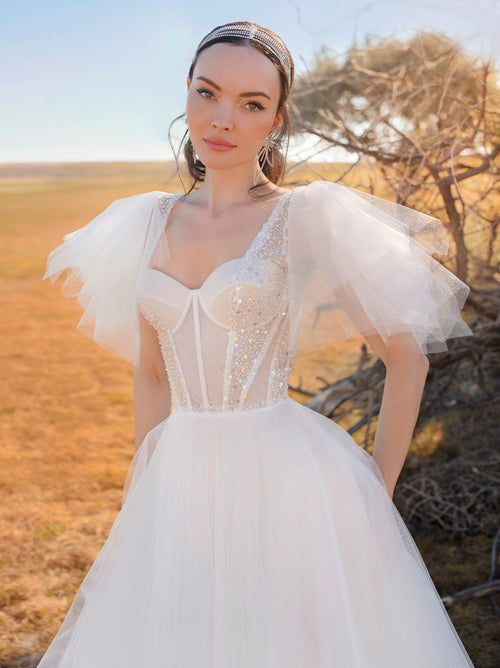 Flutter Sleeve A-Line Mikado Wedding Dress – HAREM's Brides