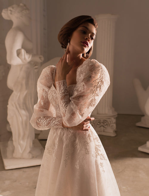 V-Neck Glitter Long Sleeve Wedding Dress – HAREM's Brides