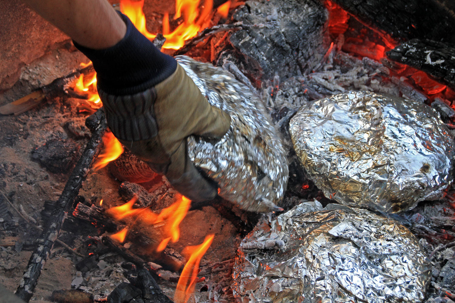 Person wearing gloves is putting food to cook in the fire