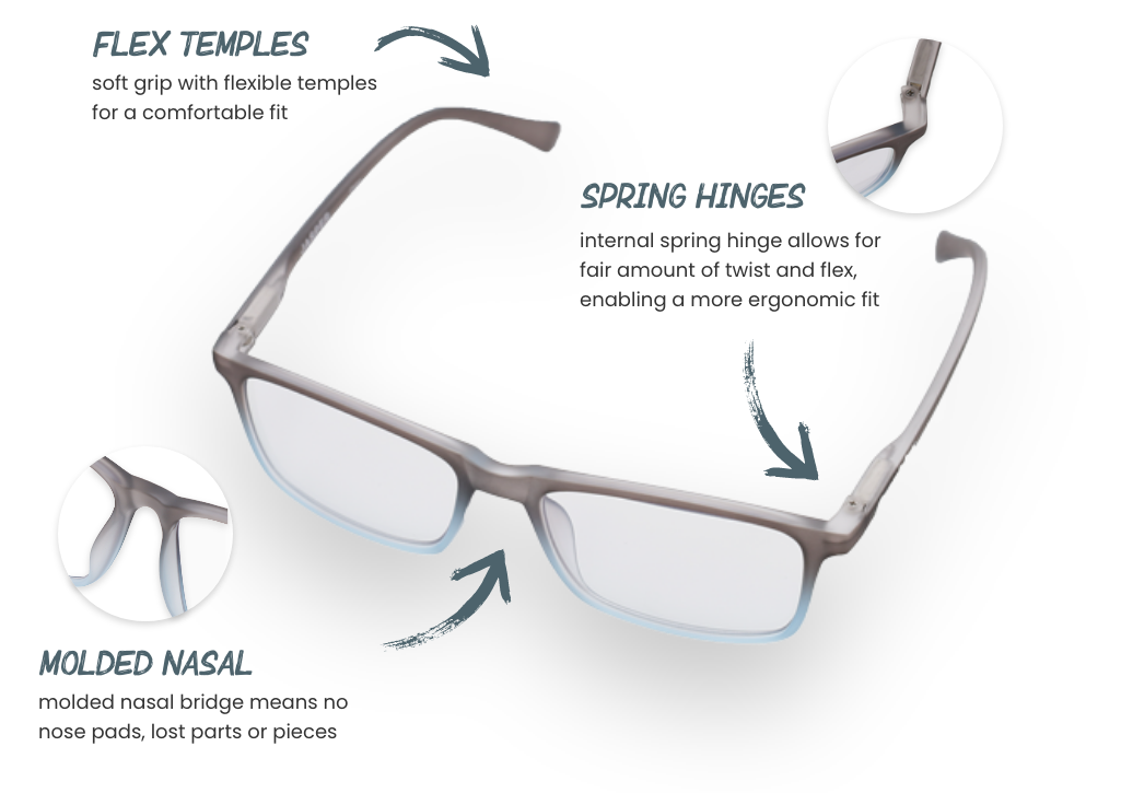 FLEX TEMPLES soft grip with flexible temples for a comfortable fit MOLDED NASAL molded nasal bridge means no nose pads, lost parts or pieces SPRING HINGES internal spring hinge allows for fair amount of twist and flex, enabling a more ergonomic fit