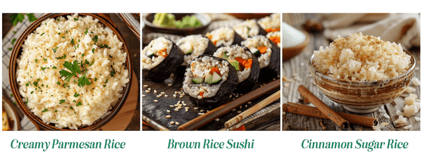 Photo of a bowl of creamy parmesan rice, a photo of a plate of brown rice sushi and a photo of cinnamon sugar rice in a bowl