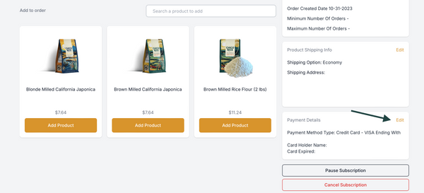 Subscription Portal | Click on 'Edit' in the Payment Details