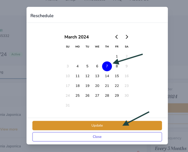 Subscription Portal | Select new calendar date then click 'update'
