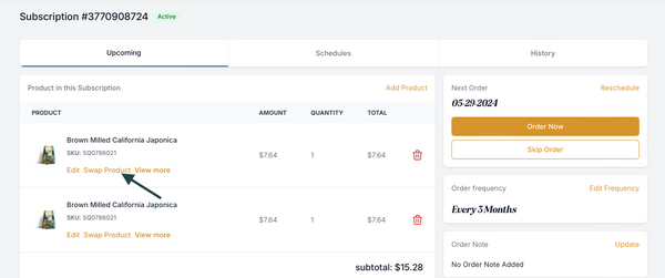 Subscription Portal | Click on 'Swap Product' under the product you want to swap out