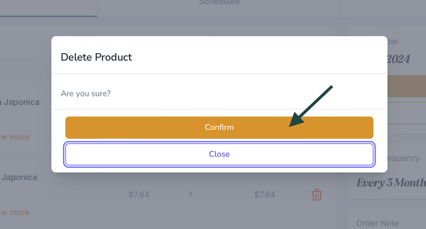 Subscription Portal | Click 'Confirm' to delete product