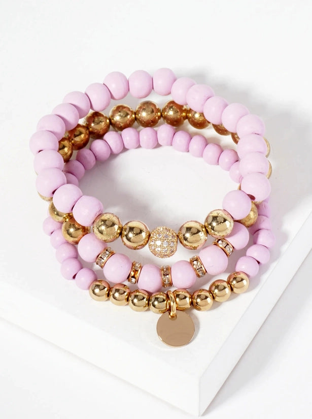 Yia Set Of 3 Wood And Metallic Bead Stackable Stretch Bracelet