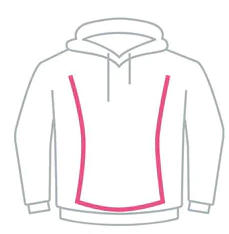 outline of a hoodie with bold pink outline representing the body, with more space between it and the edge of the hoodie