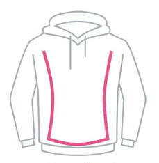 outline of a hoodie with bold pink outline representing the body, with some space between it and the edge of the hoodie