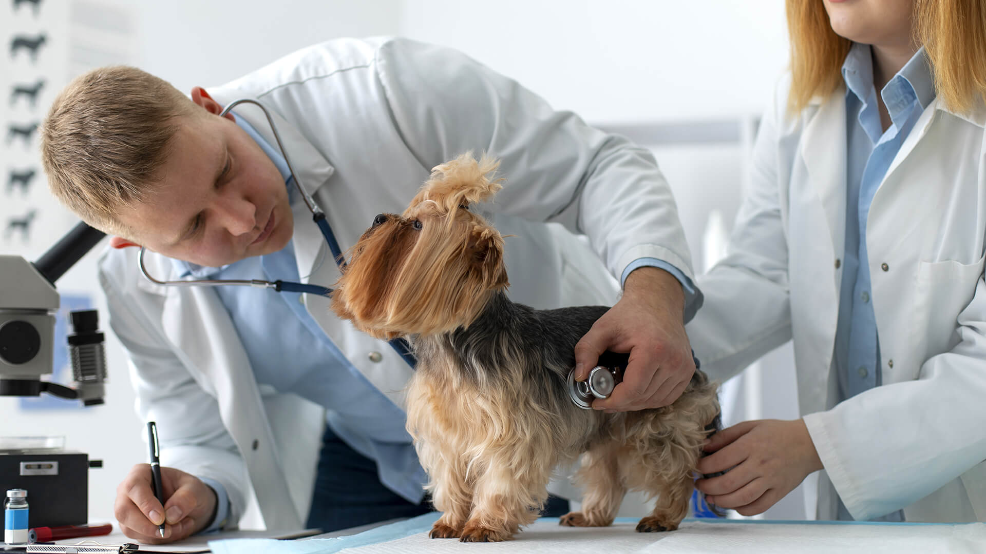 Two veterinarians are examining the dog.