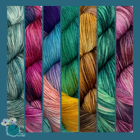 A collage of beautifully coloured handdyed yarns by Partea Knits