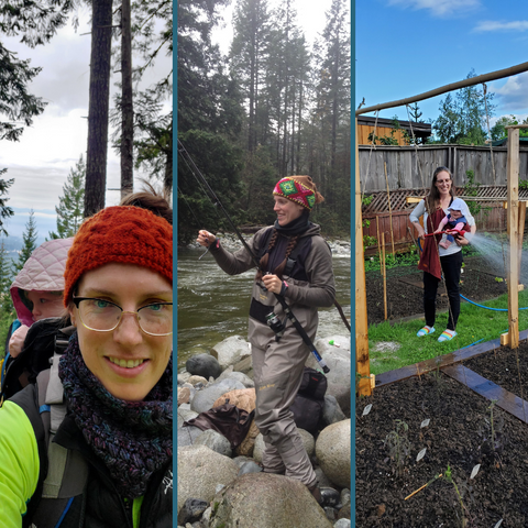 A photo collage including a mom hiking in the woods with her baby, fishing by a river, and watering a garden