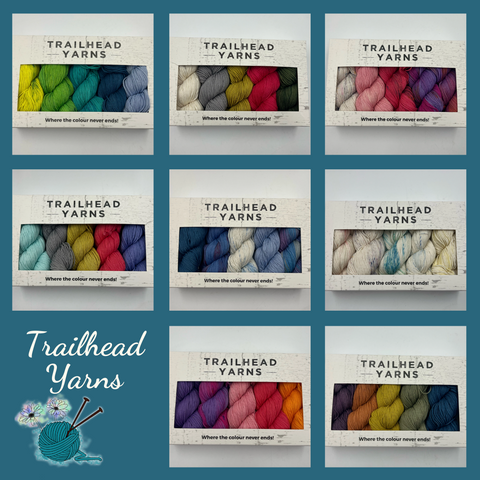 Une sélection de mini paquets d'écheveaux Trailhead Yarns dans une variété de couleurs.