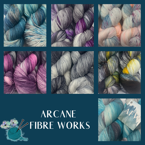 A grid containing 7 different Arcane Fibre Works colourways in a range of colours. 