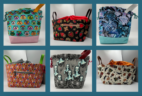 Un collage en grille montrant 6 sacs de projets en tissu différents avec différents motifs et couleurs