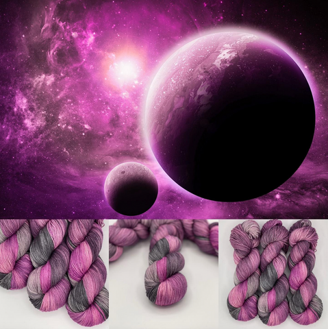 The "To Infinity, and Beyond!" colourway from Arcane Fibreworks, in shades of purple, magenta, and grey, with the artwork that inspired it.