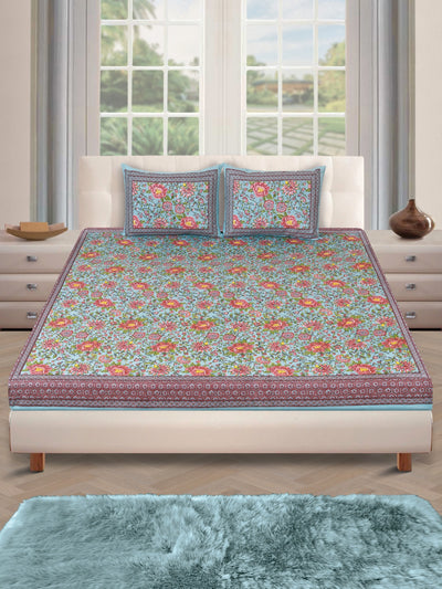 Teal Green & Rust Double Bedsheet with 2 Pillow Covers