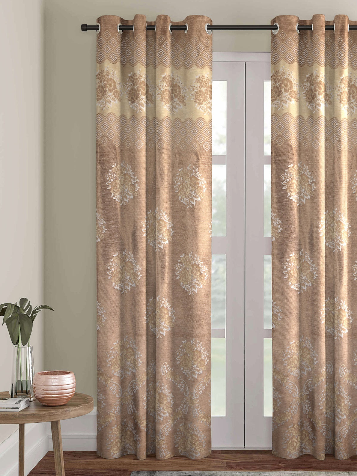 Brown & Yellow Floral Print Jacquard Door Curtains, Set of 1