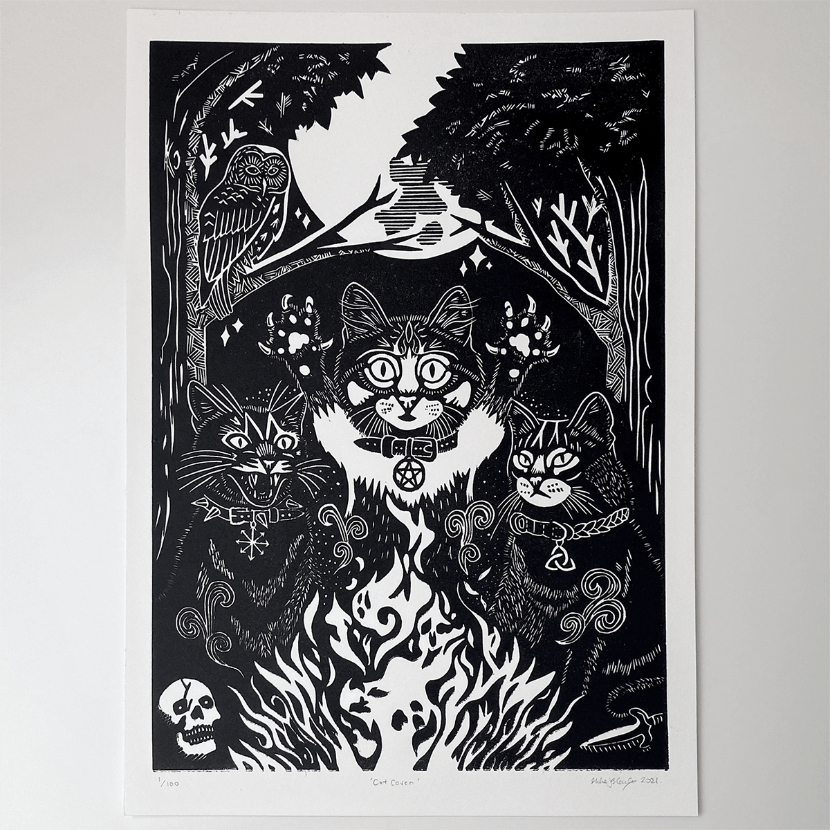 BEAR IN THE MOONLIGHT LINOCUT PRINT