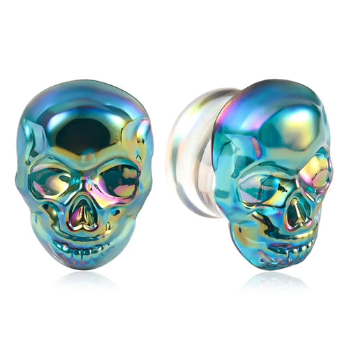 Blue Iridescent Glass Skull Plugs