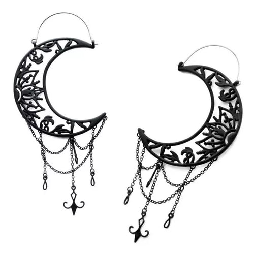 Black Crescent Moon with Chains Tunnel Hoops